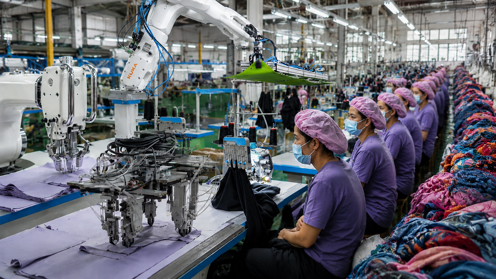 AI-powered garment factory workers watching robotic sewing machines on automated textile production line.