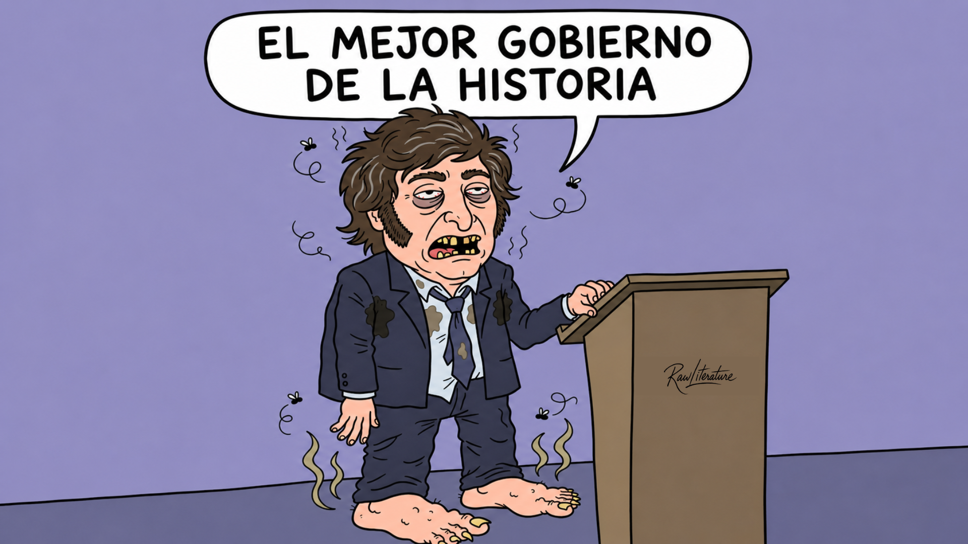 Javier Milei cartoon depicting Argentina’s economic decline, worse than Macri.