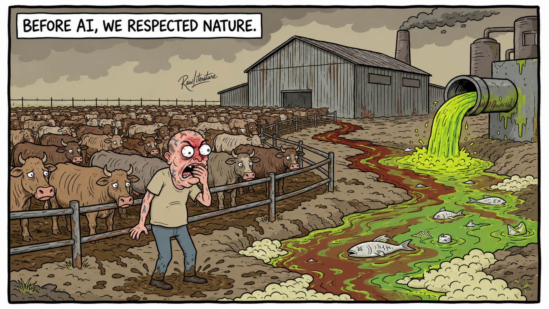 Cartoon illustrating AI’s environmental impact, showing factory farming, pollution and toxic waste harming nature.