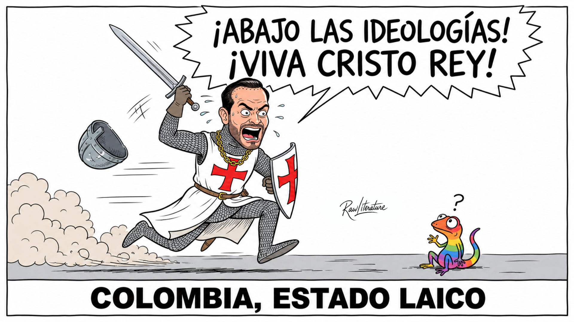 Political cartoon satirizing Abelardo de la Espriella’s culture war in Colombia, depicting religious nationalism, Christian crusader imagery, and the debate over secular statehood.