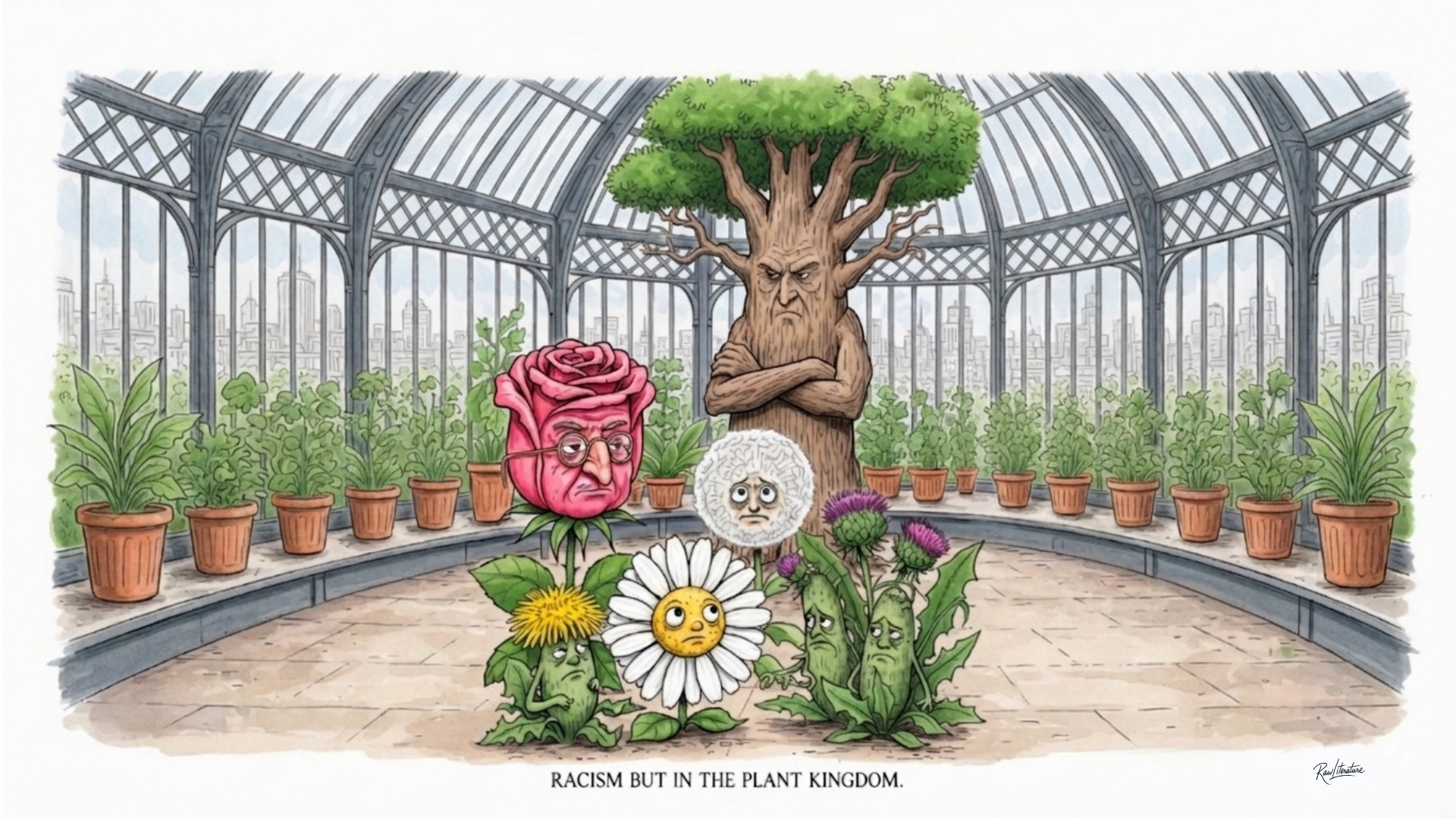 Cartoon illustration showing an angry anthropomorphic tree towering over a sad rose, daisy, dandelion, and thistles inside a greenhouse, satirical take on plant discrimination.