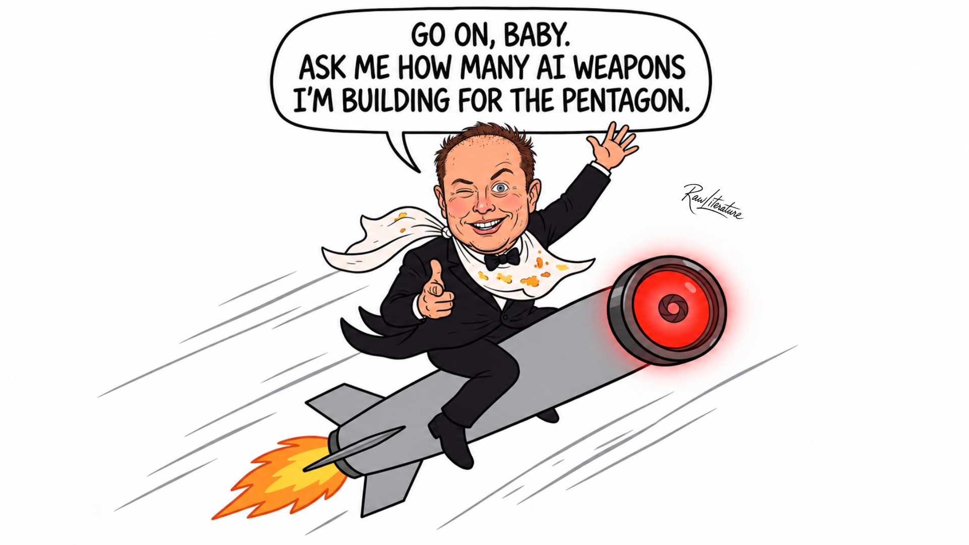 Elon Musk cartoon riding a missile, satirizing MITRE’s Project Meridian and future U.S. military AI weapons.