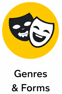 The image shows two theatrical masks, one black with a sad expression and the other white with a happy expression, on a yellow circular background. Below the masks, the text reads 'Genres & Forms.'