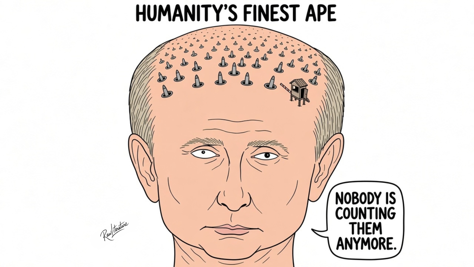 Putin political cartoon: nails cover head, “nobody counting them anymore”, Russia’s 2026 rigged election.