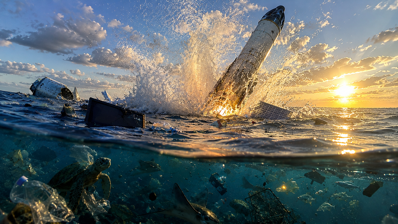 SpaceX rocket explosion crashing into the Indian Ocean with ocean pollution and marine debris at sunset.