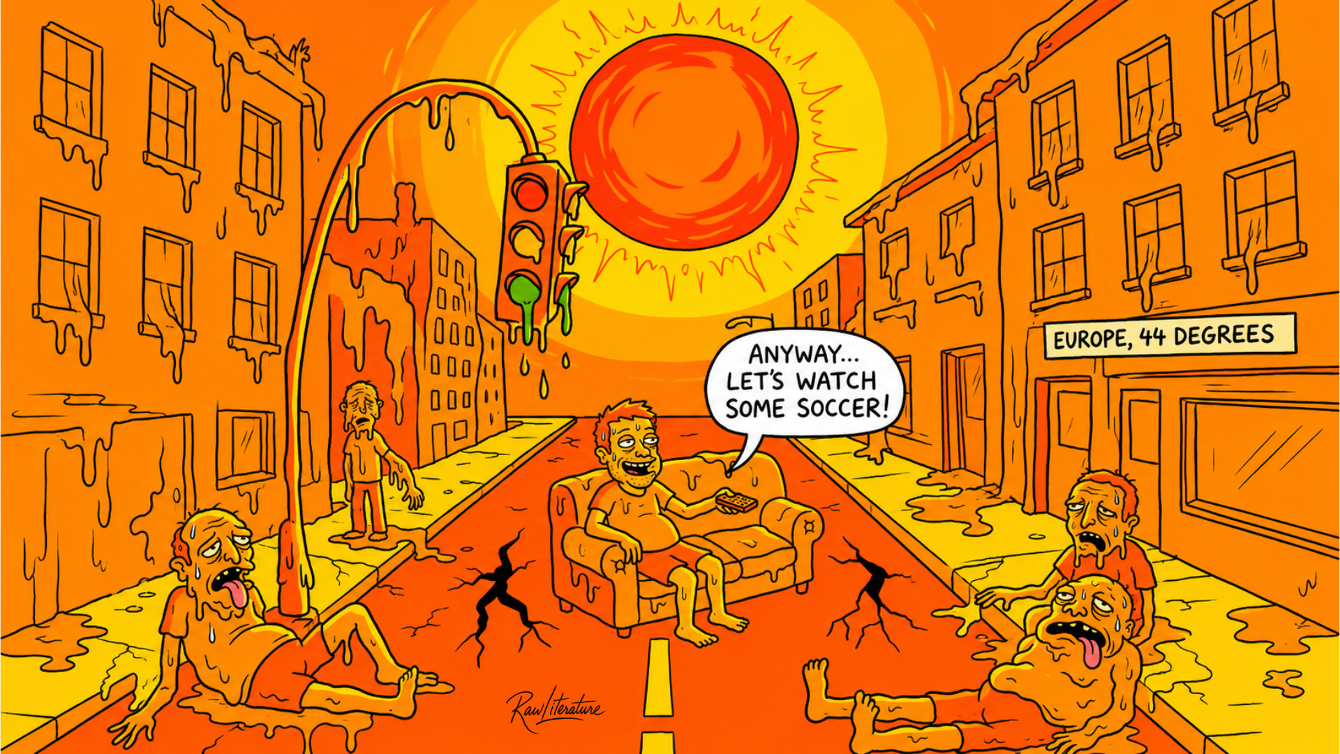 Satirical cartoon of Europe’s extreme heatwave showing melting streets, collapsing buildings, and exhausted people while a man watches soccer under a blazing sun during record-breaking temperatures.