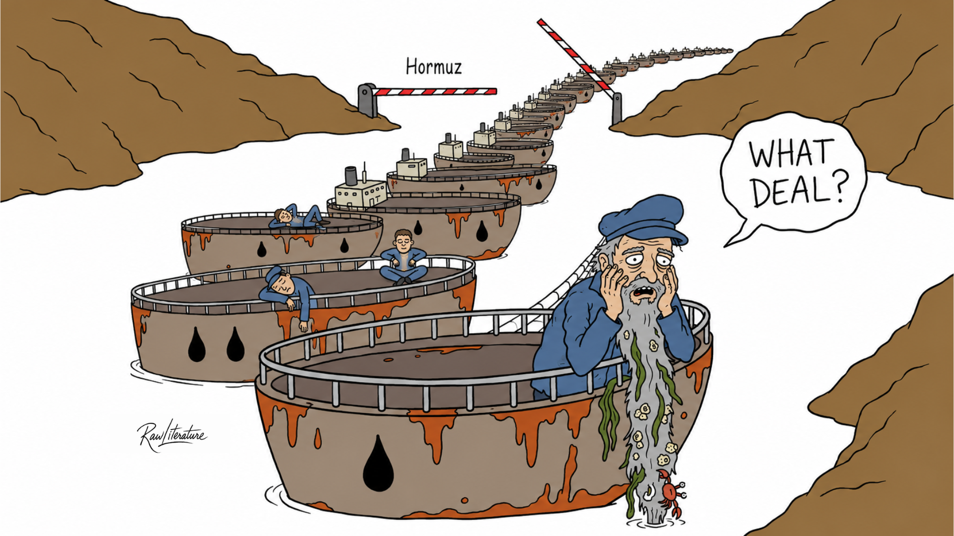 Satirical cartoon of rusting oil tankers jammed at the Strait of Hormuz as a worried sailor reacts to Iran's warning that ships must follow approved shipping routes or face retaliation.