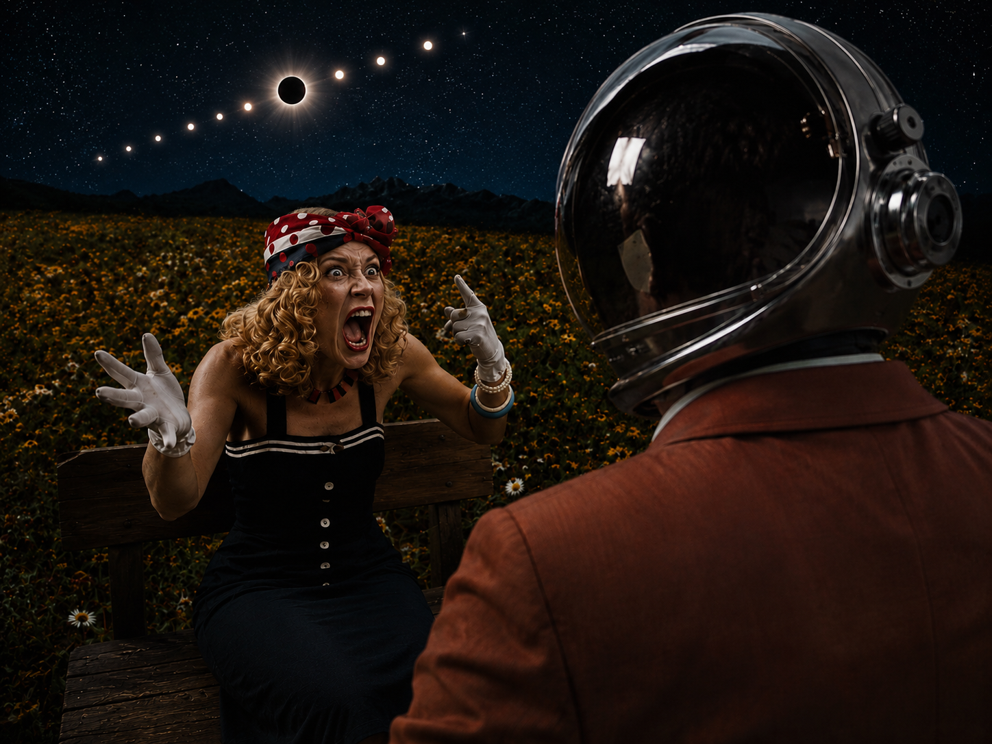 Furious woman confronts gemini man under eclipse and aligned stars in a surreal night landscape.