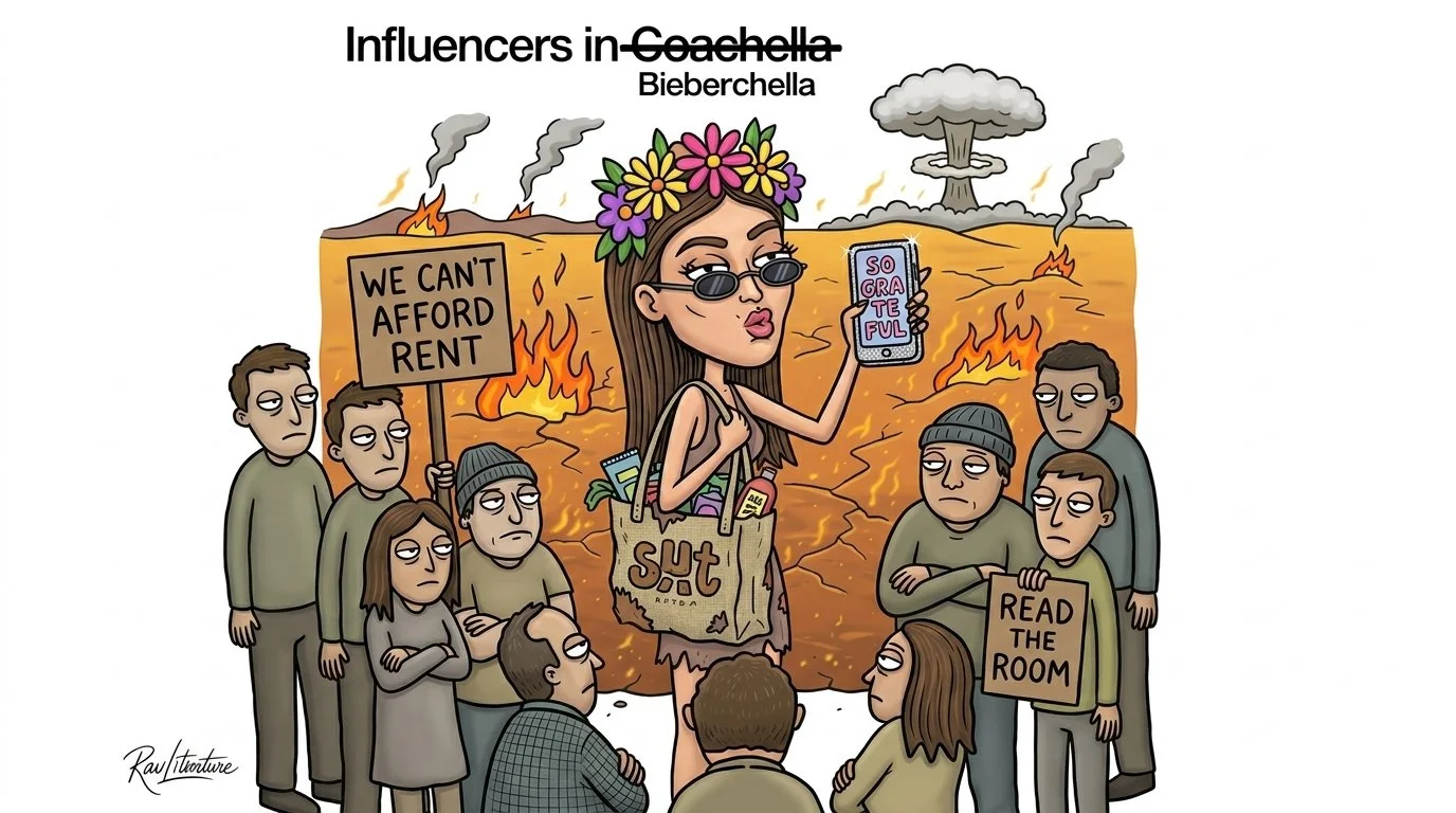 satirical cartoon of an influencer posing at Coachella in a dystopian fiery wasteland while protesters hold 'We Can't Afford Rent' signs, captioned 'Borderline Dystopian'.