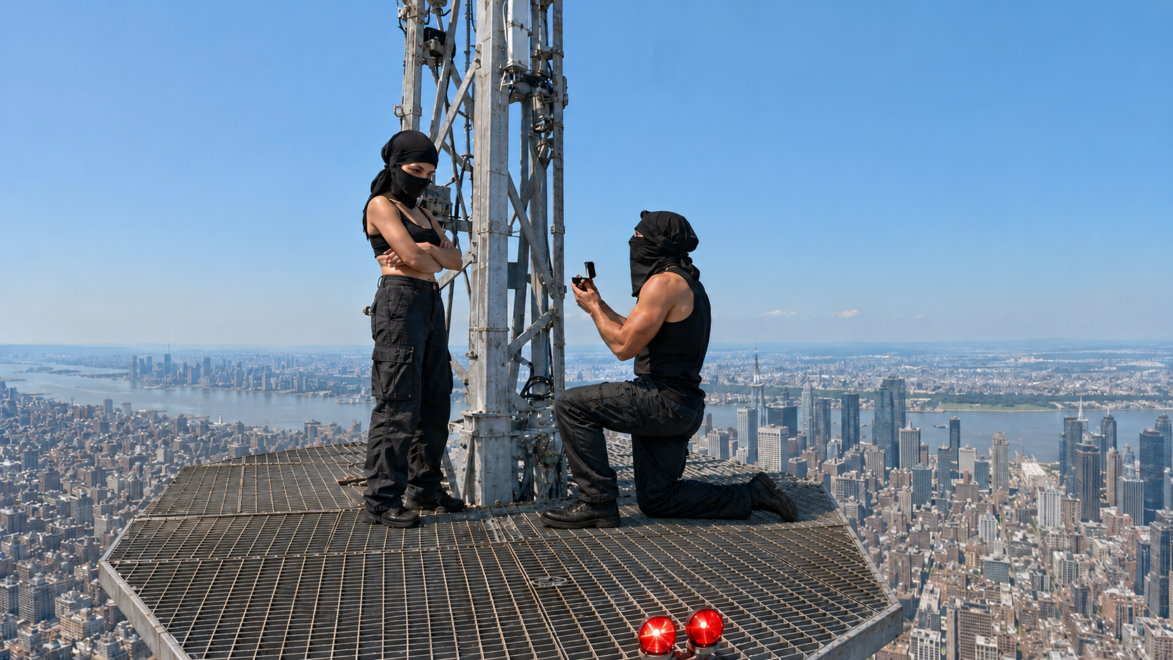 Couple stages a dramatic marriage proposal atop the Empire State Building antenna after an illegal climb, recreating the stunt that led to criminal charges in New York