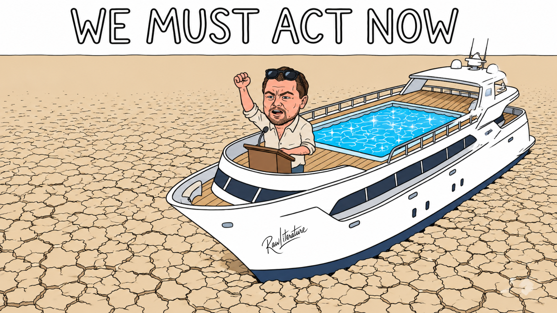 Leonardo DiCaprio greenwashing climate activism from a luxury yacht stranded in drought.
