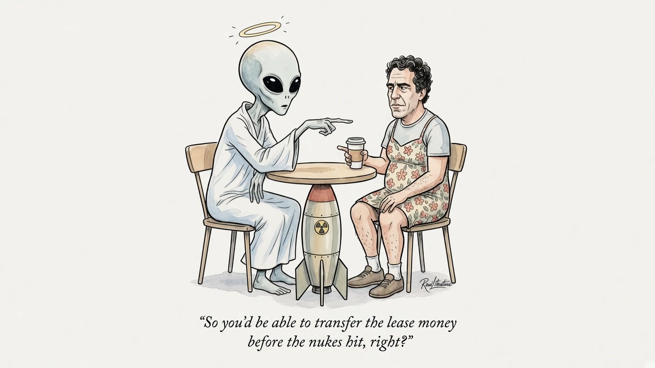 Epstein and alien talking about a lease money with a nuclear bomb as a table set.