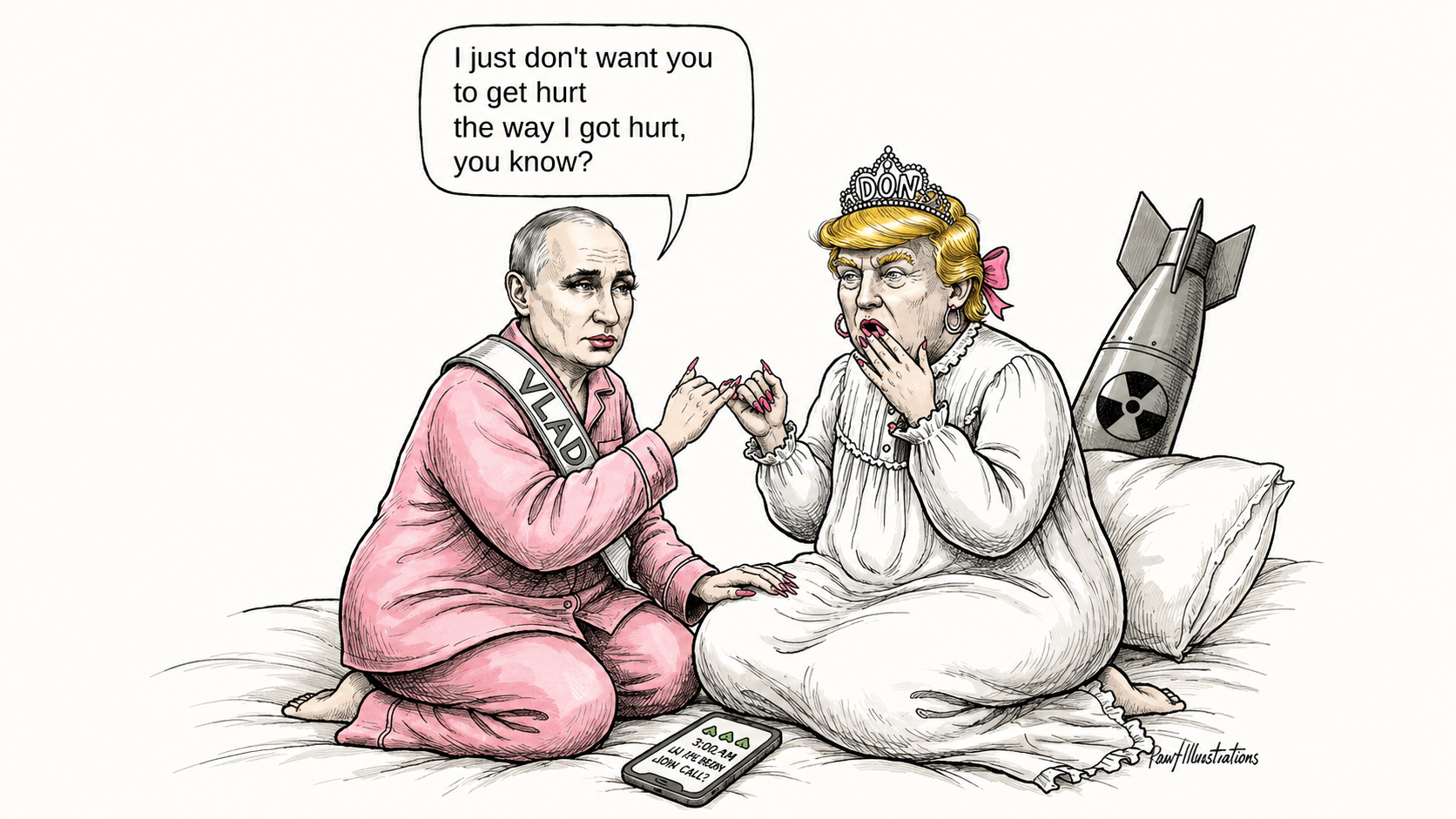 Vladimir Putin and Donald Trump disguise as princess having a sleepover with a bomb behind them.