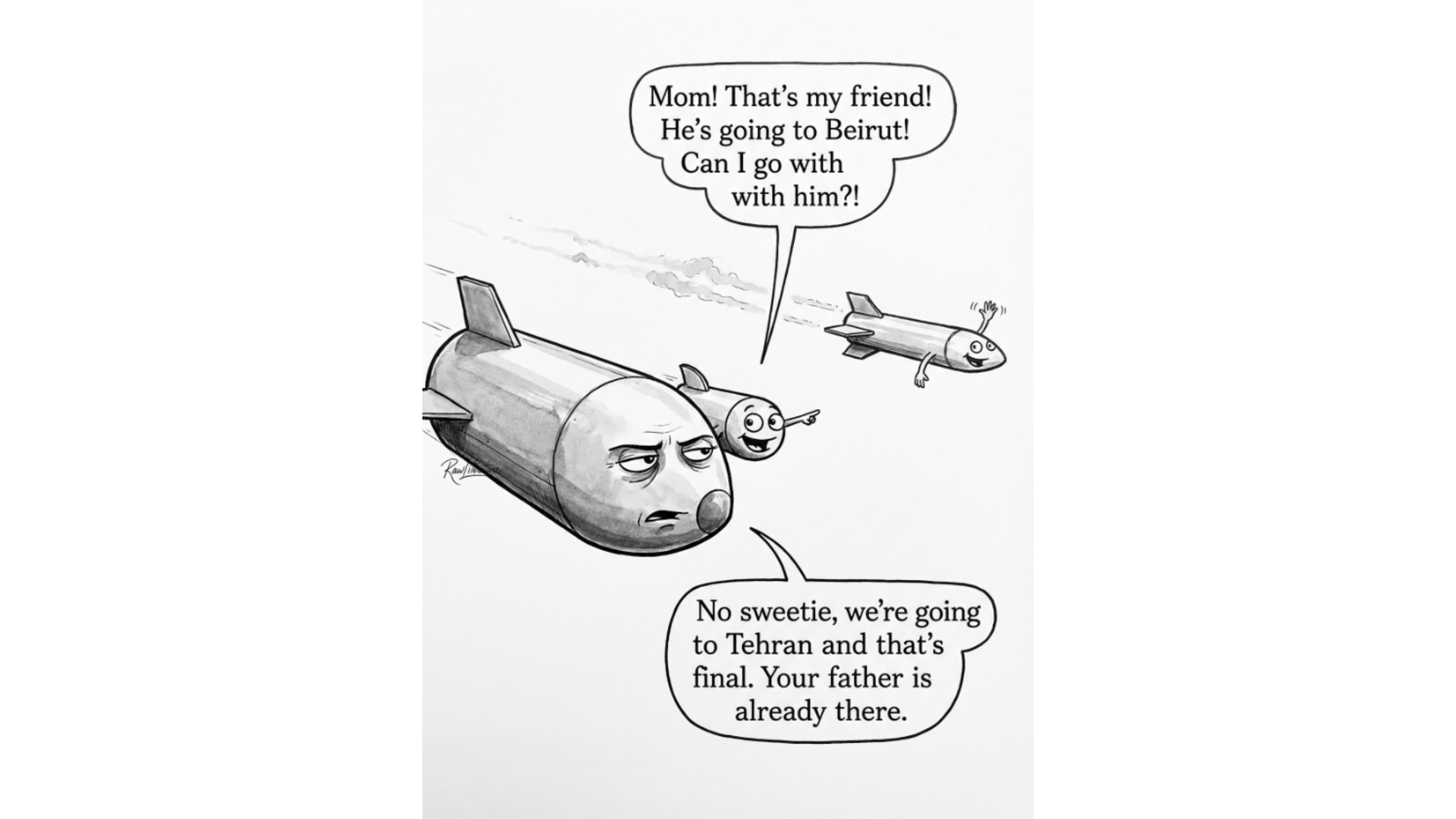 Political cartoon of bombs in times of war in the 21st century.