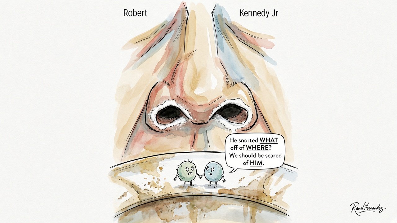 The nostrils of Robert Kennedy Jr. with cocaine in front of a toilet rim. Bacteria are scared of him to approach and sniff them off.