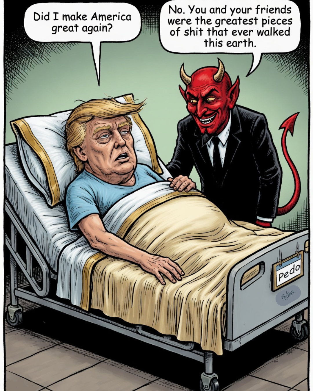 A cartoon of Donald Trump and the devil talking about his life on Earth.