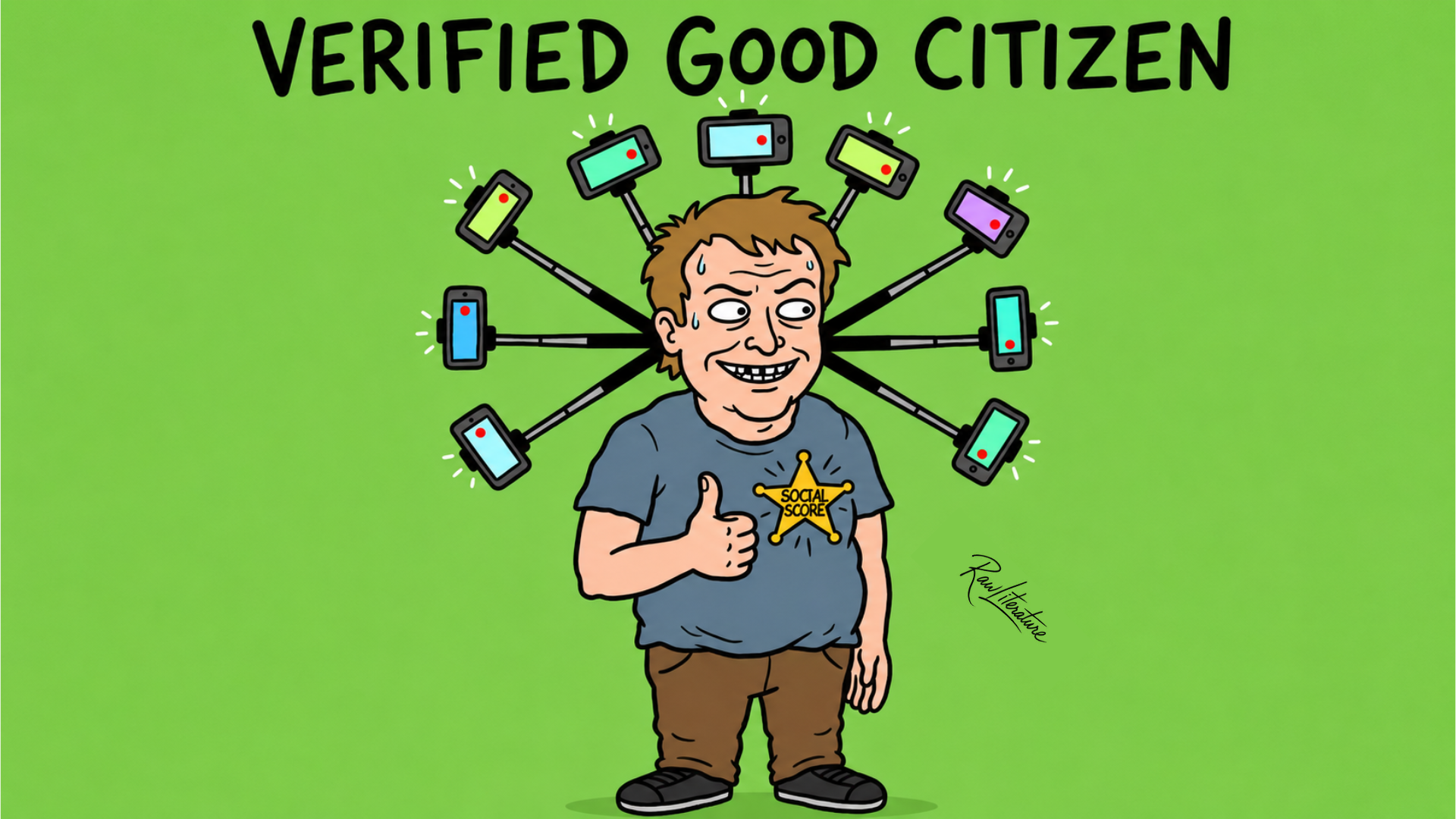 Satirical cartoon of a man surrounded by surveillance smartphones with a social score badge, criticizing China’s dystopian social credit system and mass digital monitoring.