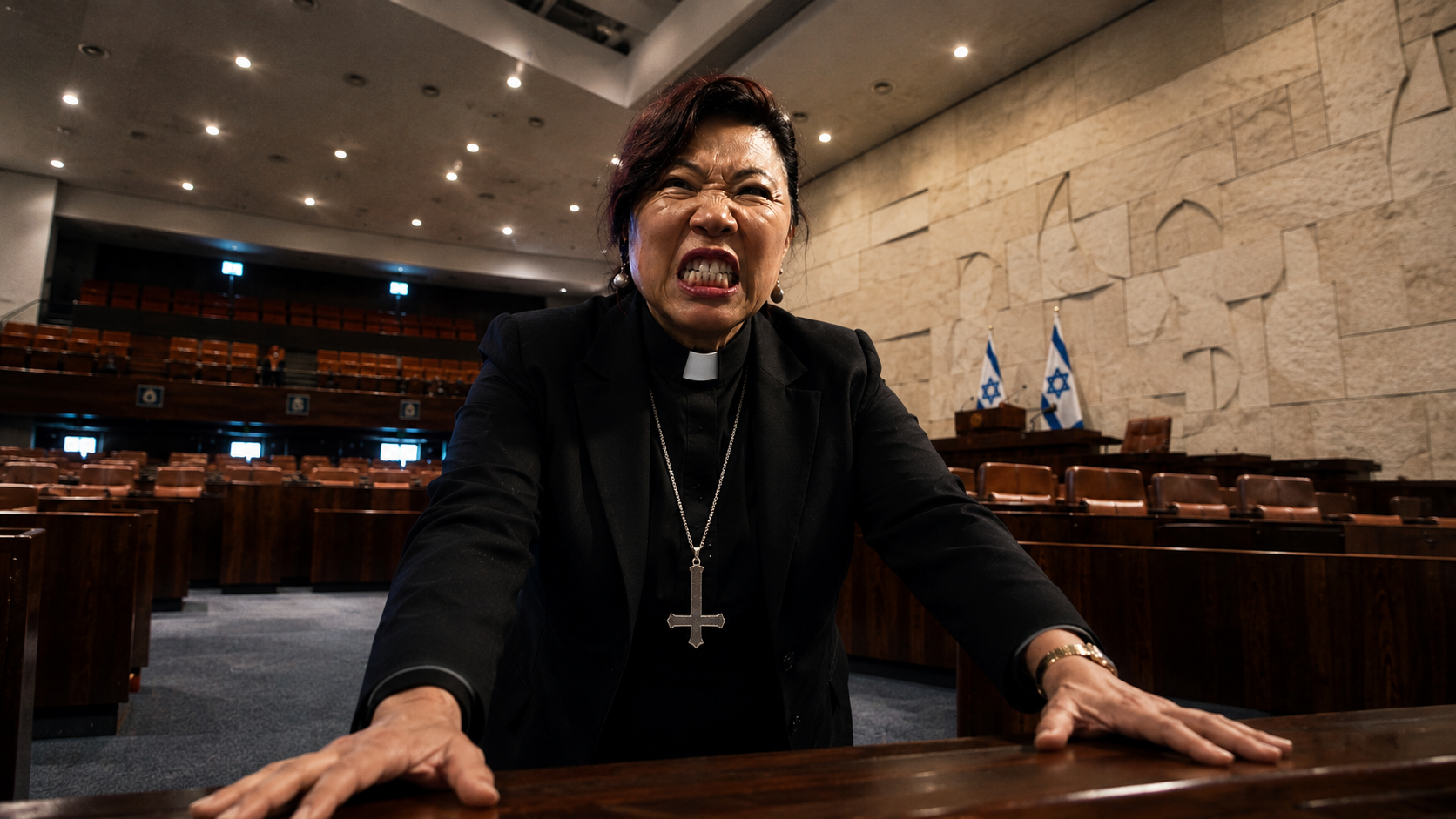 Female cleric with inverted cross necklace in the the Knesset chamber during the Jerusalem Prayer Breakfast.