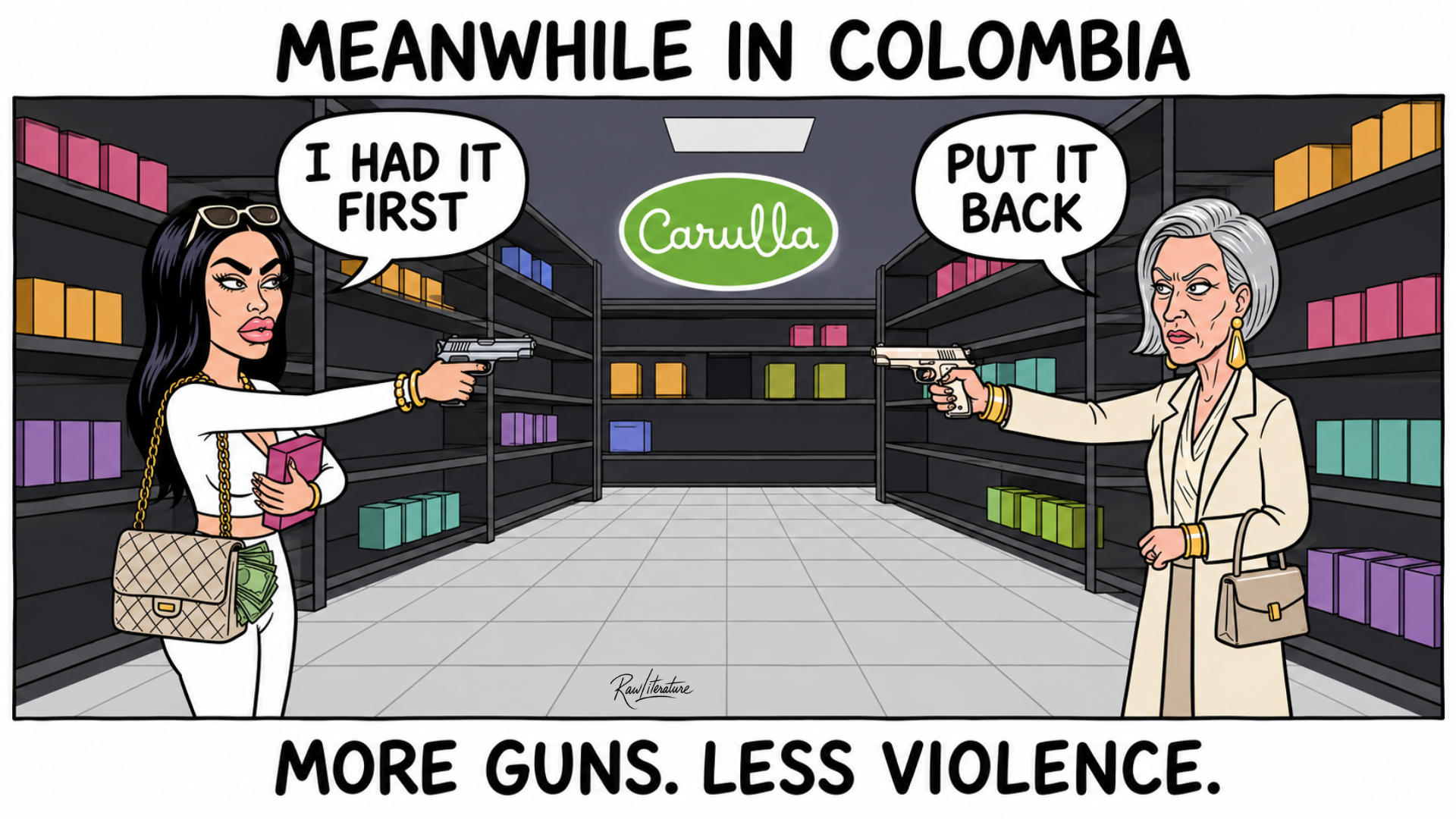 Colombian satire cartoon depicting the lifting of gun-carry restrictions as two women point guns in a supermarket.