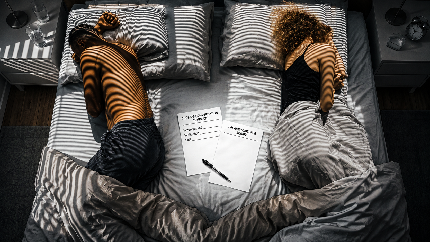 Emotionally distant couple lying back-to-back in bed under striped window light, with relationship communication worksheets between them.
