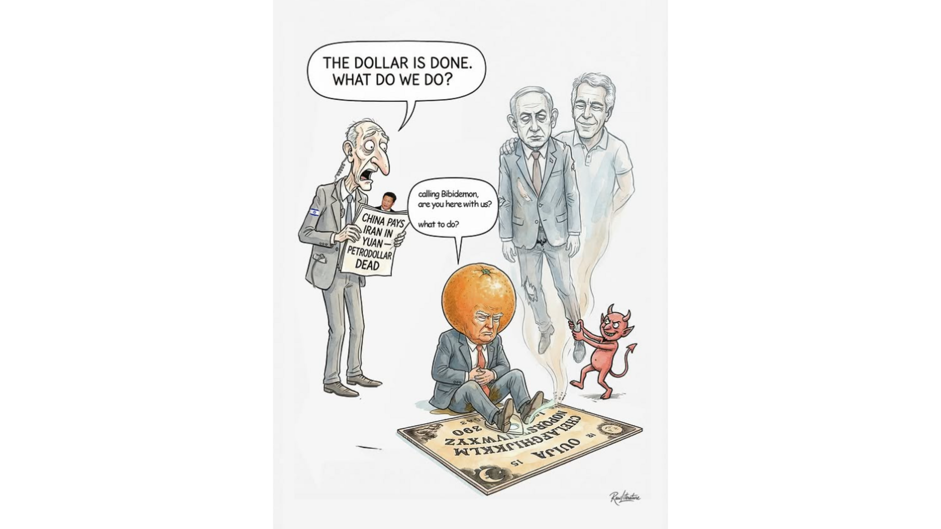 A cartoon about the issue of de de-dollarisation of the world's economy due to Trump's decisions.