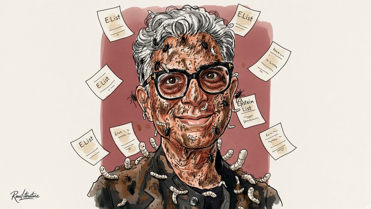 Deepak Chopra, surrounded by documents labeled "Epstein List," is covered in mud, insects, and worms, symbolizing the fallout from his association with Jeffrey Epstein and the public scrutiny of the recently released files.