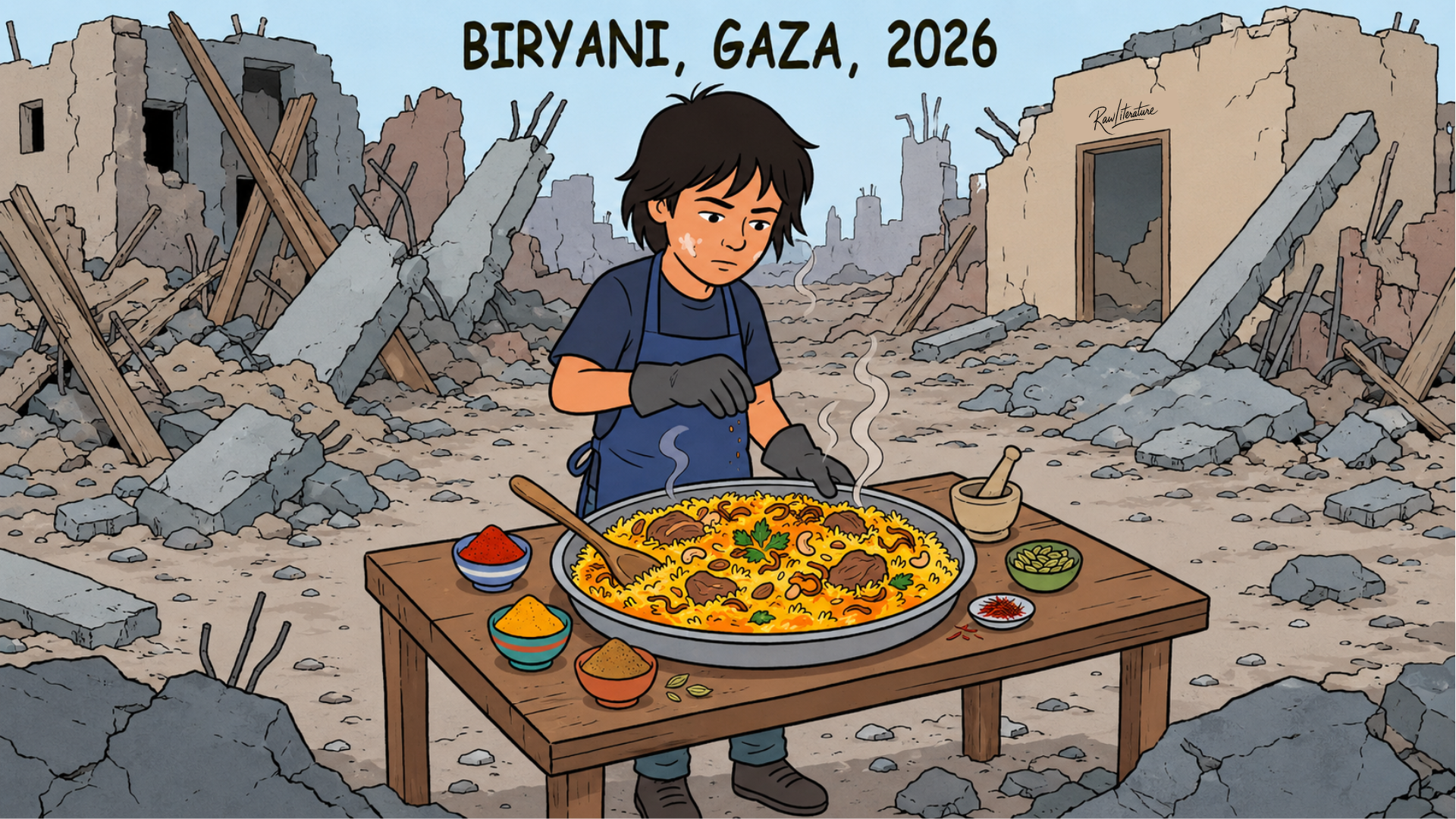 A young Gazan cook prepares biryani among the ruins of Gaza — resilience, survival and everyday life amid war.