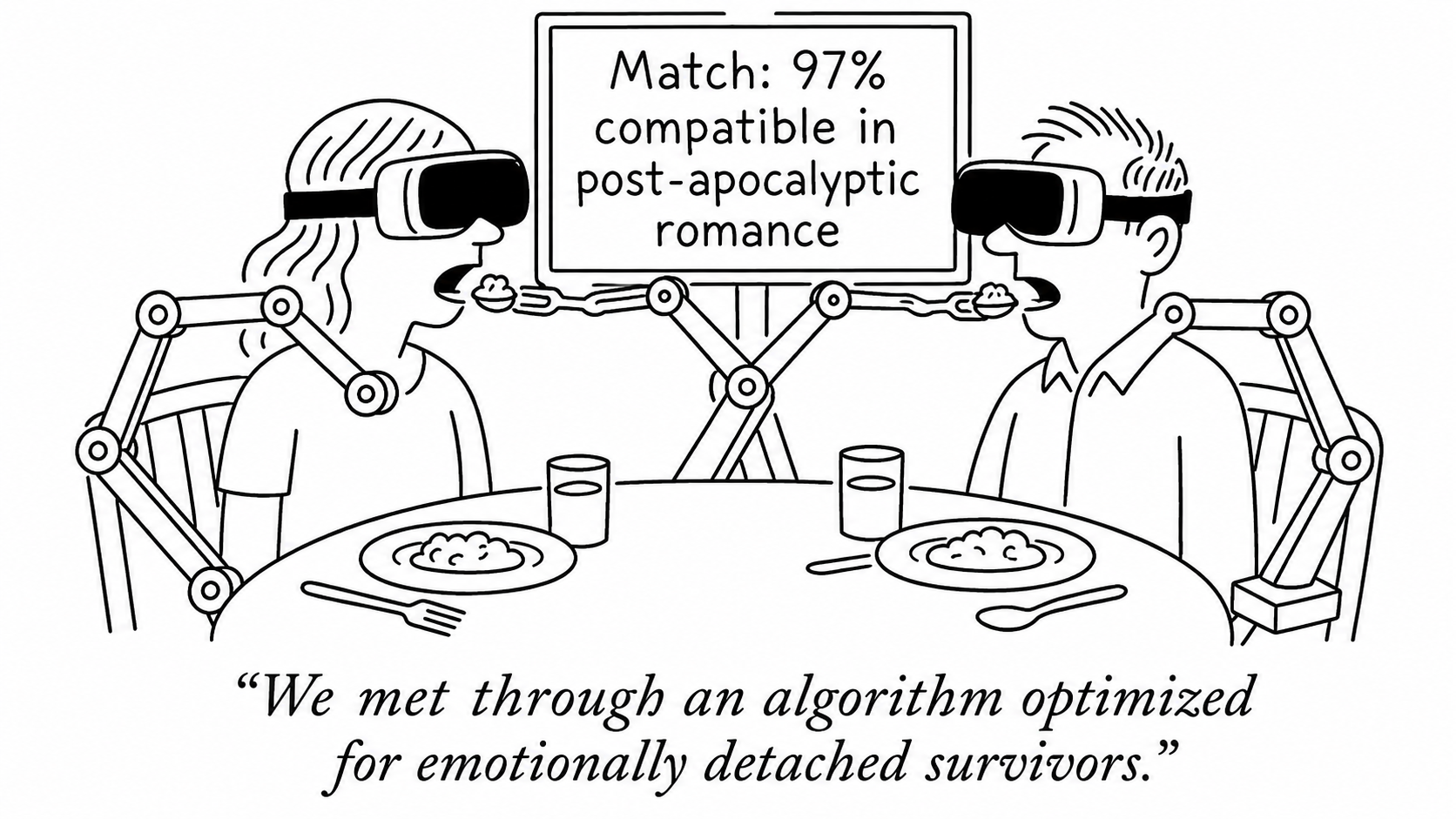 Satirical cartoon of a 97% AI-matched couple sharing a post-apocalyptic dinner, fed by robotic arms amid the ashes of a dying world.