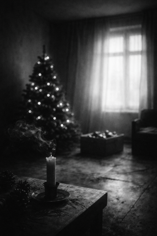 Un árbol de navidad en la soledad de la casa, una vela anhelando que alguien llegue para soplar la tradición olvidada.