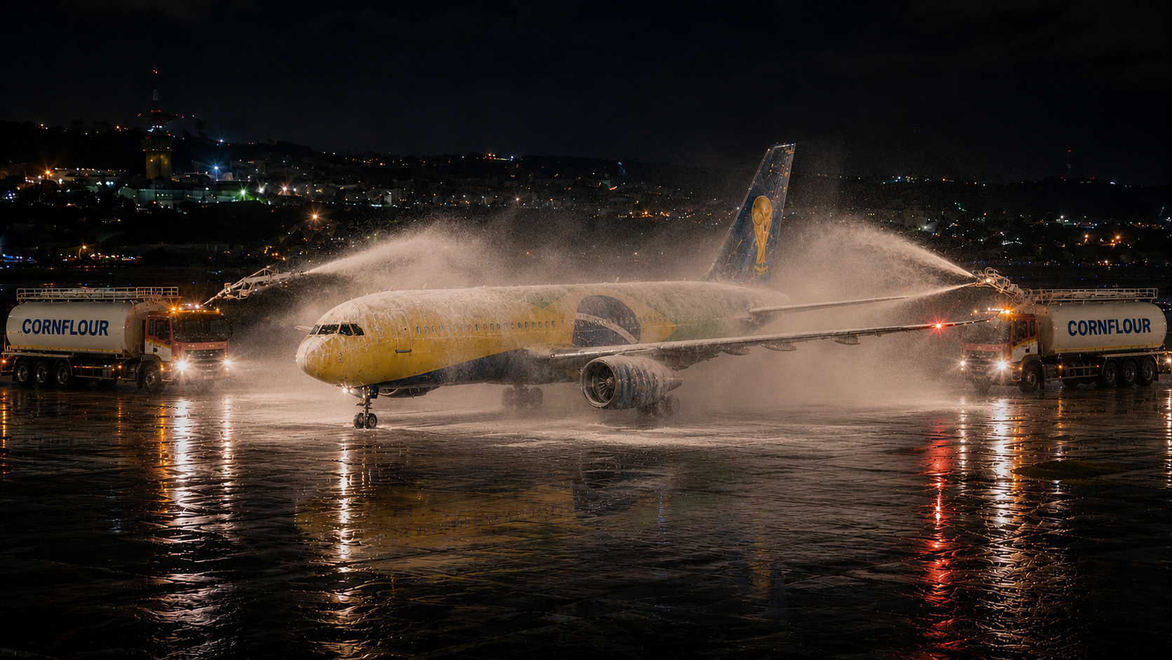 Nighttime airport scene showing the brazilian worldcup team jet being sprayed with cornflour from tanker trucks on a rain-soaked runway