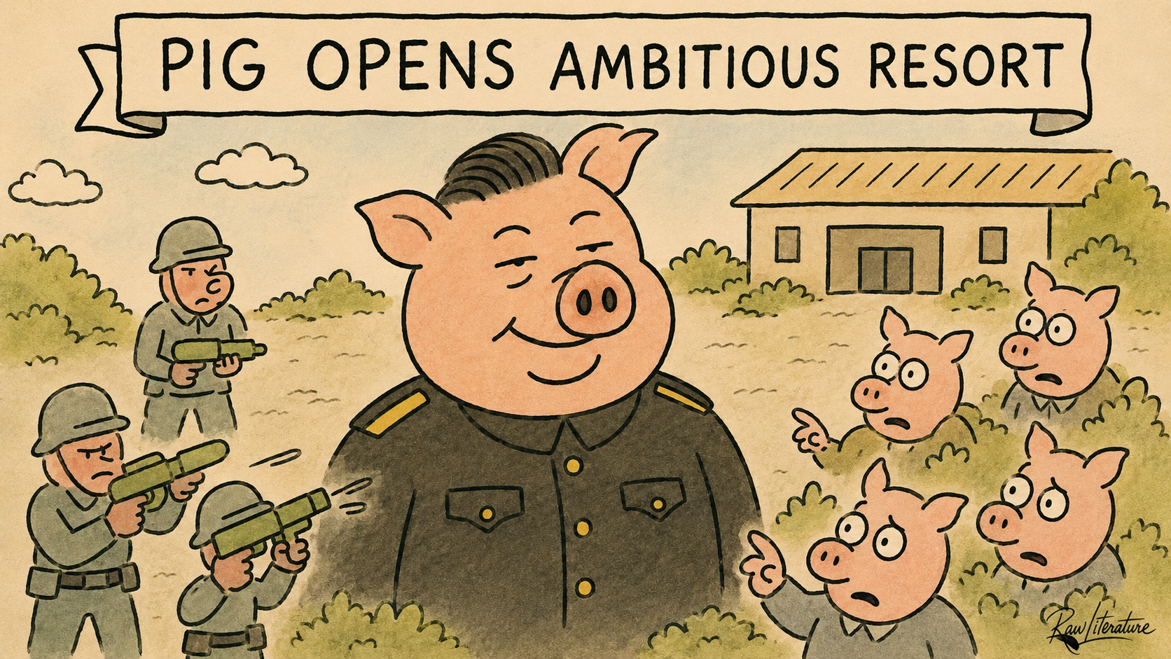 Satirical cartoon of a smiling military pig unveiling a luxury resort while frightened pigs live under armed oppression, symbolizing dictatorship, propaganda, and elite privilege.