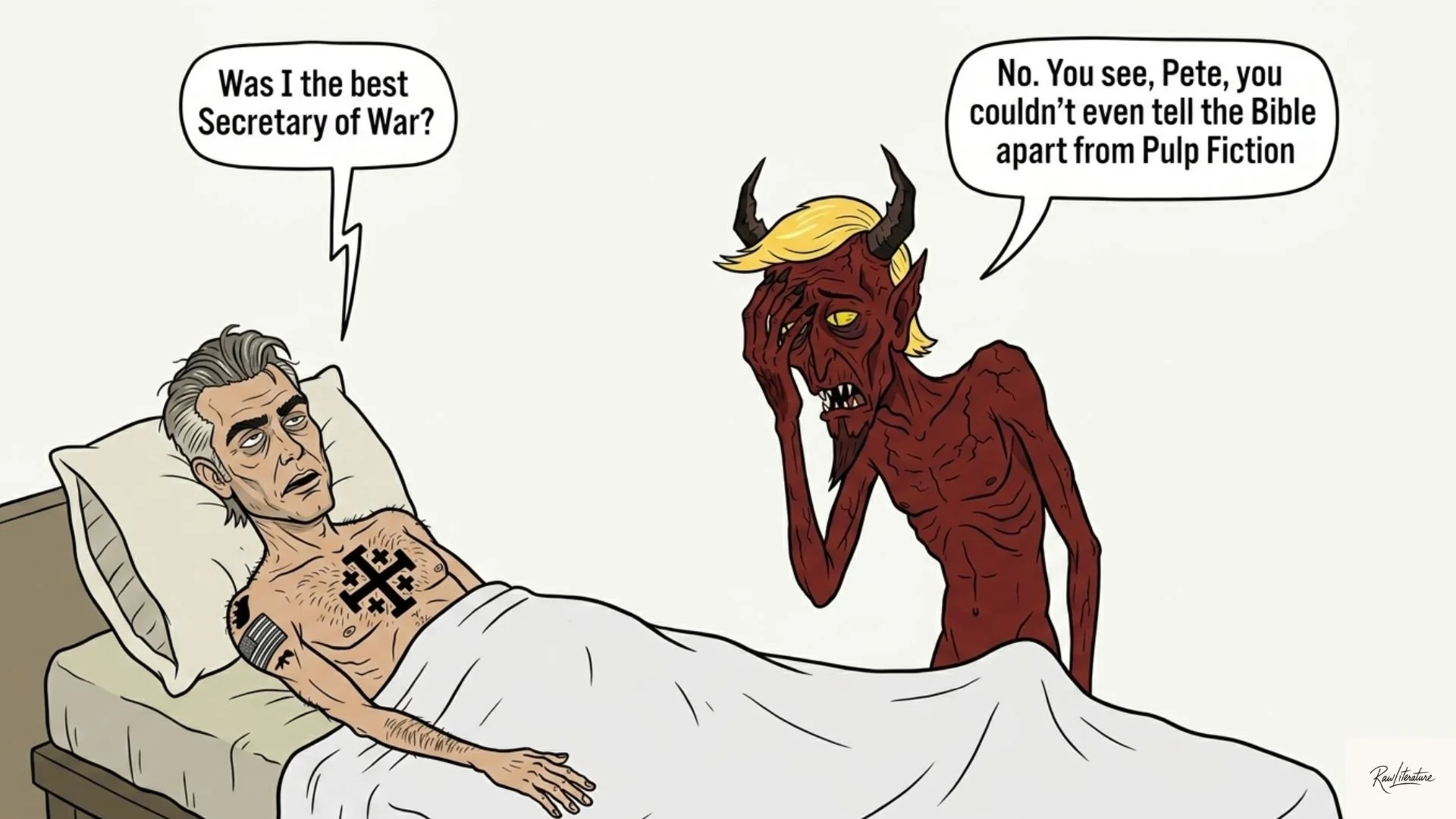 Political cartoon shows Pete Hegseth in bed with Jerusalem cross tattoo asking Devil about being Secretary of War, Devil responds referencing Bible and Pulp Fiction.