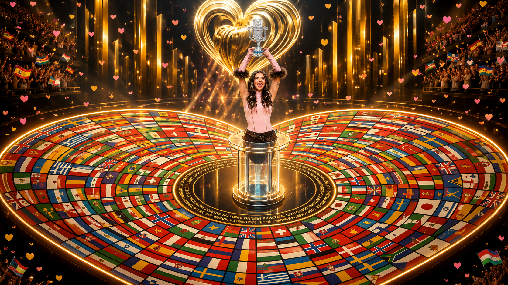 Woman holding trophy above global flag heart stage during the 2026 Eurovision celebration event.
