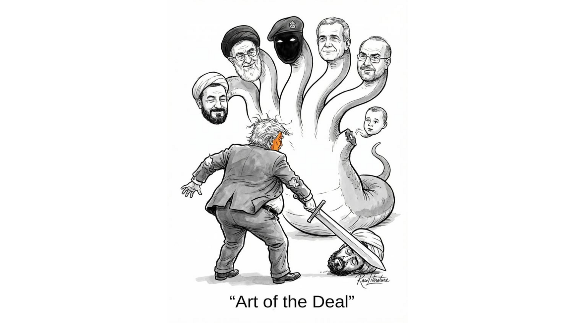 Political cartoon of Trump trying to cut the head of the Iran's hydra.