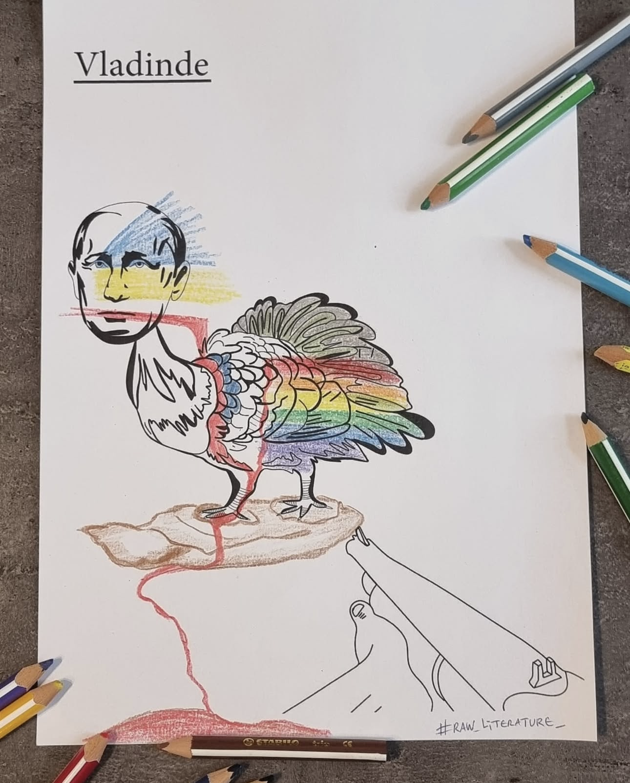 A coloring page features a half-illustration of a rooster with a human face, outlined in black. The rooster’s body has rainbow-colored sections, and a gun is drawn below it. Colored pencils surround the page, and the name "Vladinde" is written at the top left.