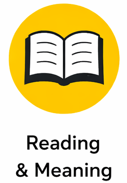 Open book icon on yellow background with the text 'Reading & Meaning' underneath.