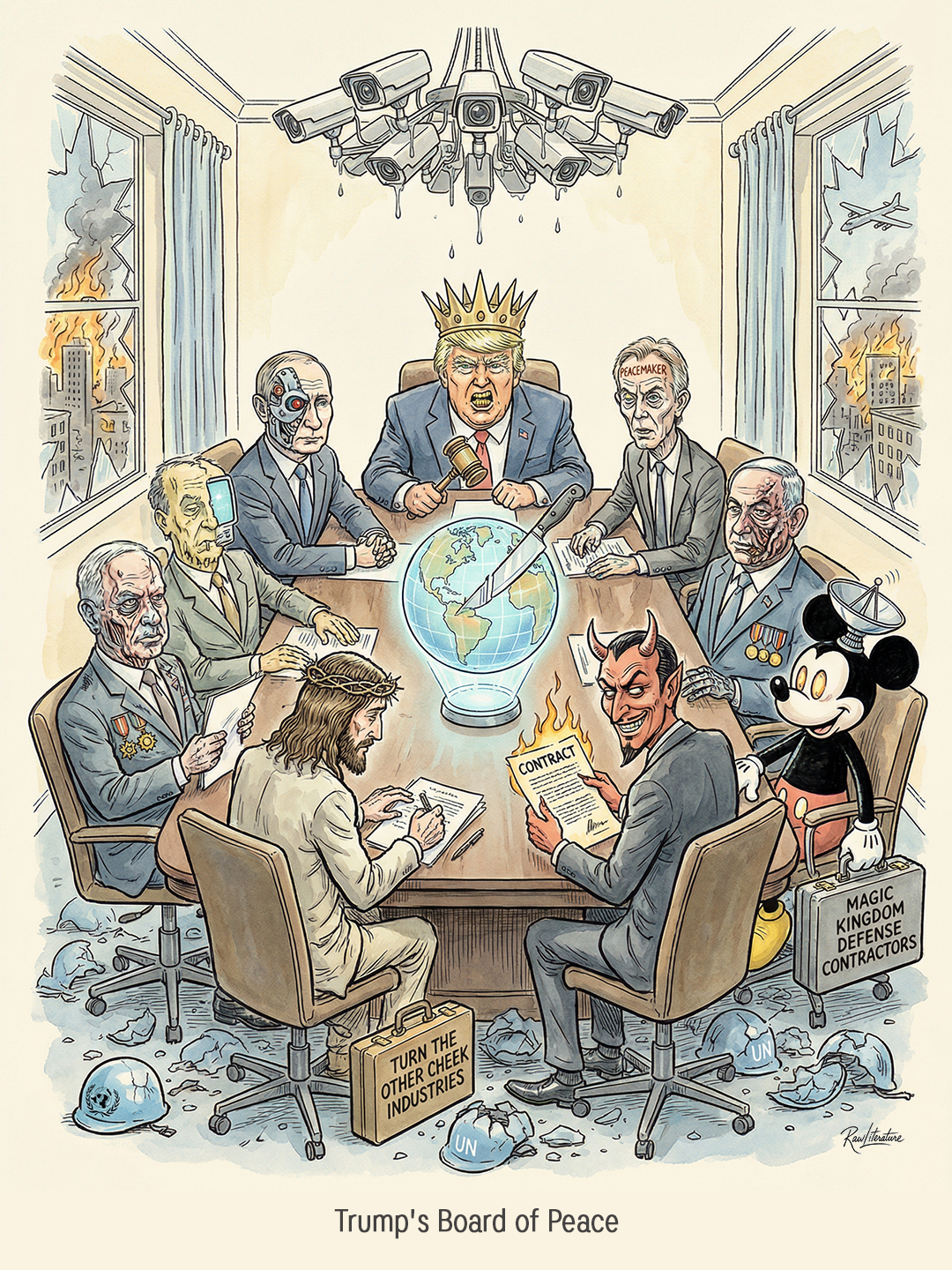 A board of peace with surveillance cameras. Robots representing Trump, Netanyahu, Putin, the Devil, Jesus and other political figures.