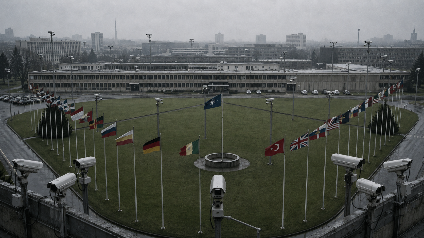 Hyperrealistic Cold War-style view of NATO headquarters covered with surveillance cameras, symbolizing espionage fears after an intern's arrest on spying allegations in Belgium.