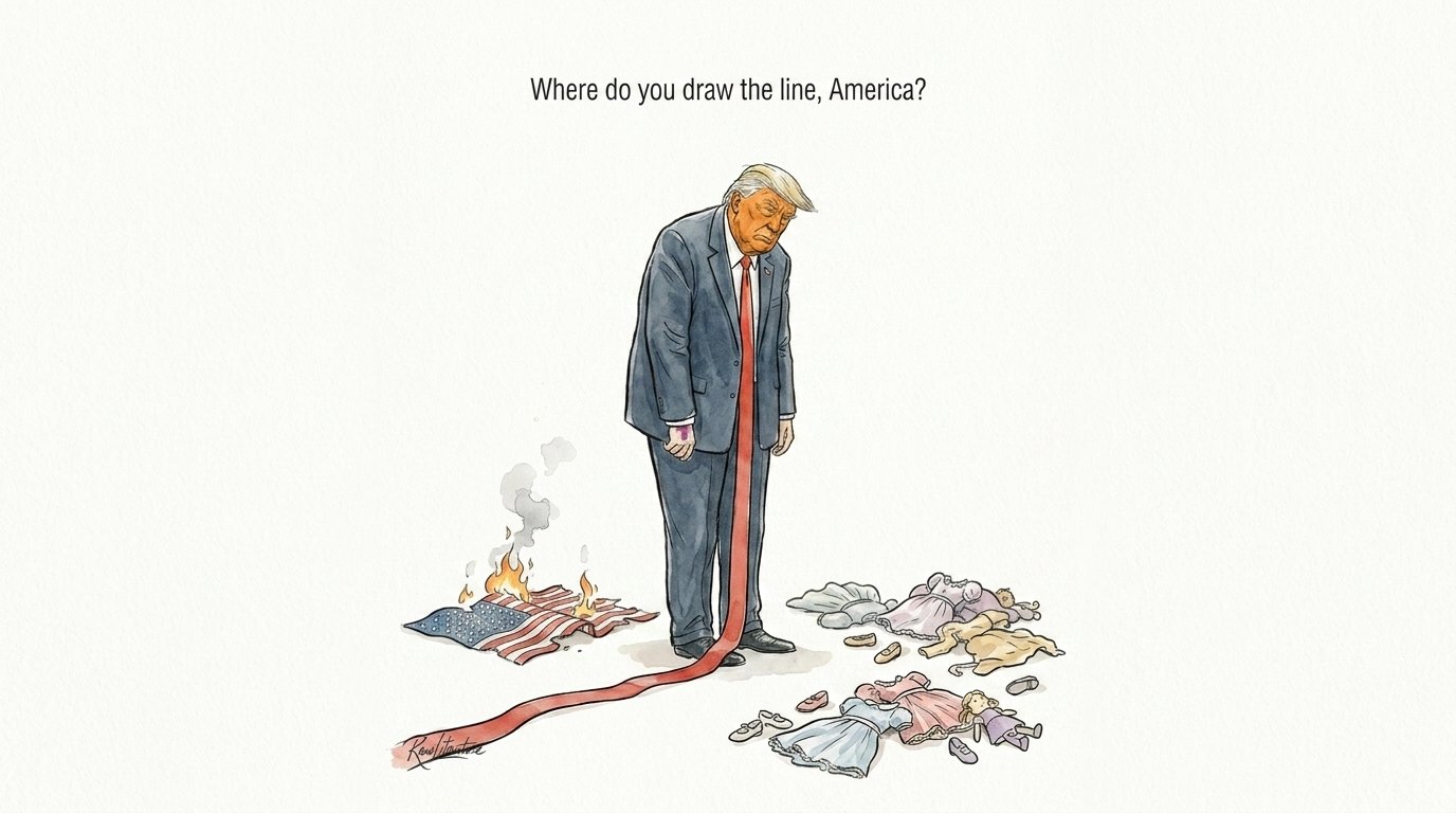 Donald Trump tie drawing lines, he's face is looking at the children's clothes and behind the US flag burning down.
