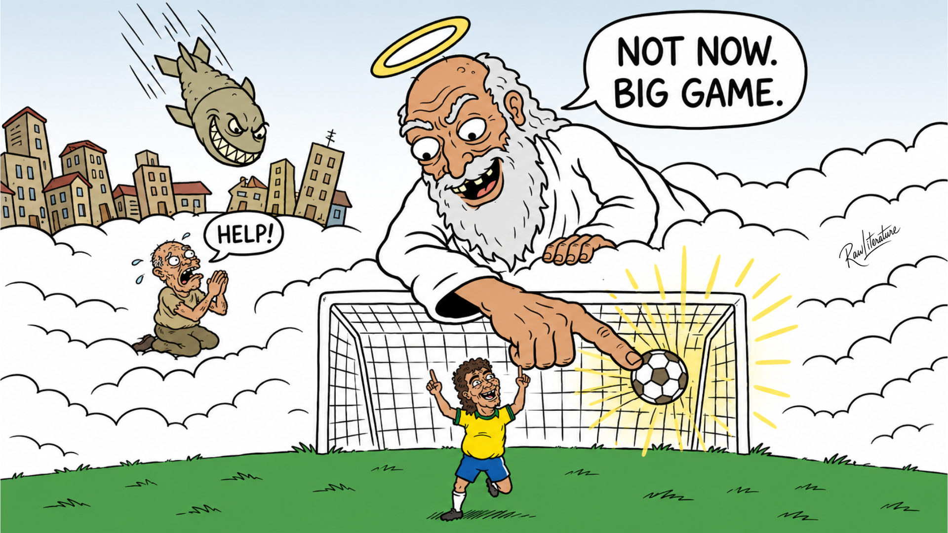 Comic satire of God ignoring a desperate prayer during a missile attack while celebrating a soccer goal, humorous cartoon illustration about faith, sports, and priorities.