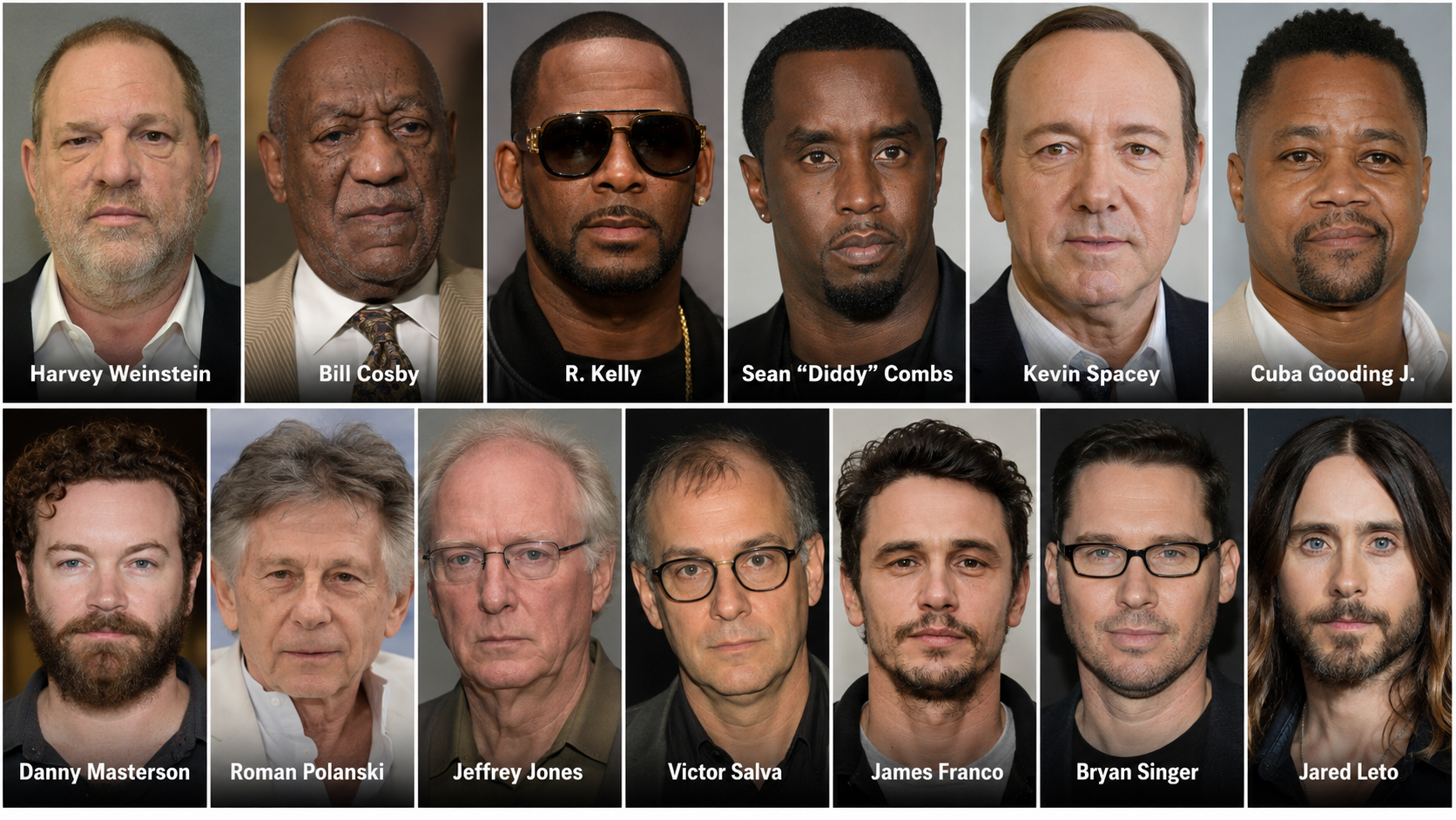 A satirical mosaic of Harvey Weinstein, Bill Cosby, R. Kelly, Sean “Diddy” Combs, Kevin Spacey, Jared Leto and other controversial Hollywood figures amid renewed scrutiny over abuse allegations.