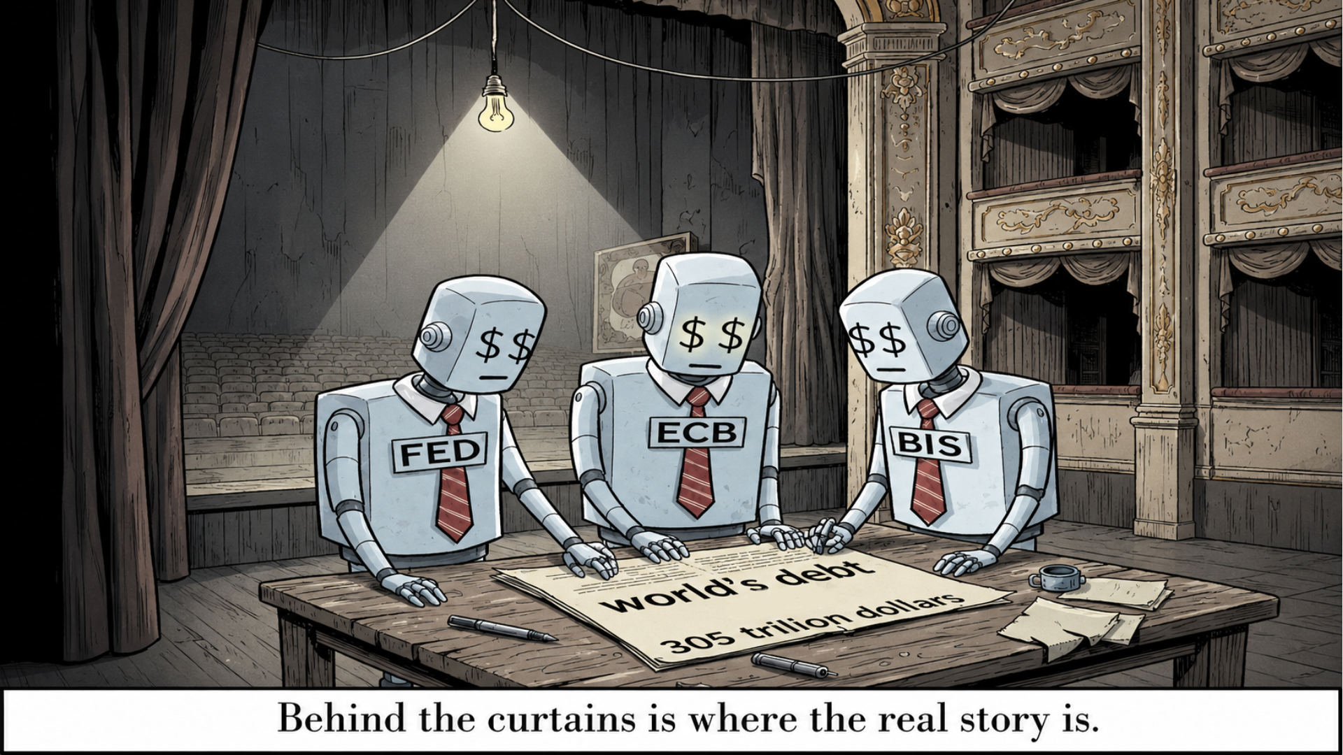Cartoon illustration showing three robot figures labaled FED (Federal Reserve), ECB (European Central Bank), BIS (Bank of International Settlements) secretly gathered backstage pointing at a document labeled world's debt 305 trillion dollars.