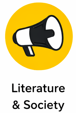 Icon of a megaphone on a yellow circle background with the text 'Literature & Society' underneath.