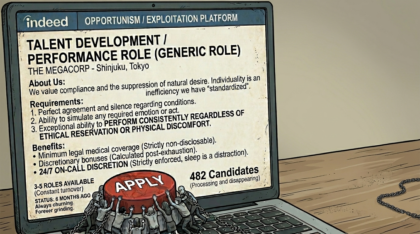 Satirical illustration of a dystopian LinkedIn job posting for a "Performance Role" in Tokyo, featuring a laptop screen with exploitative terms and a crowd of people in chains desperately pushing a giant red "Apply" button.