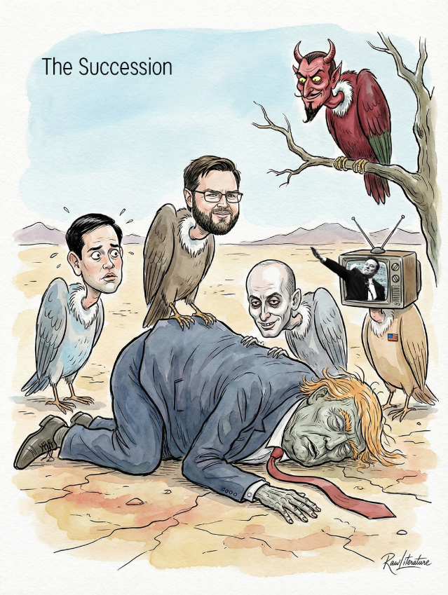 Trump's corps lie dead, while his vultures friends happily gather around him to feast. The devil did it's masterpiece.