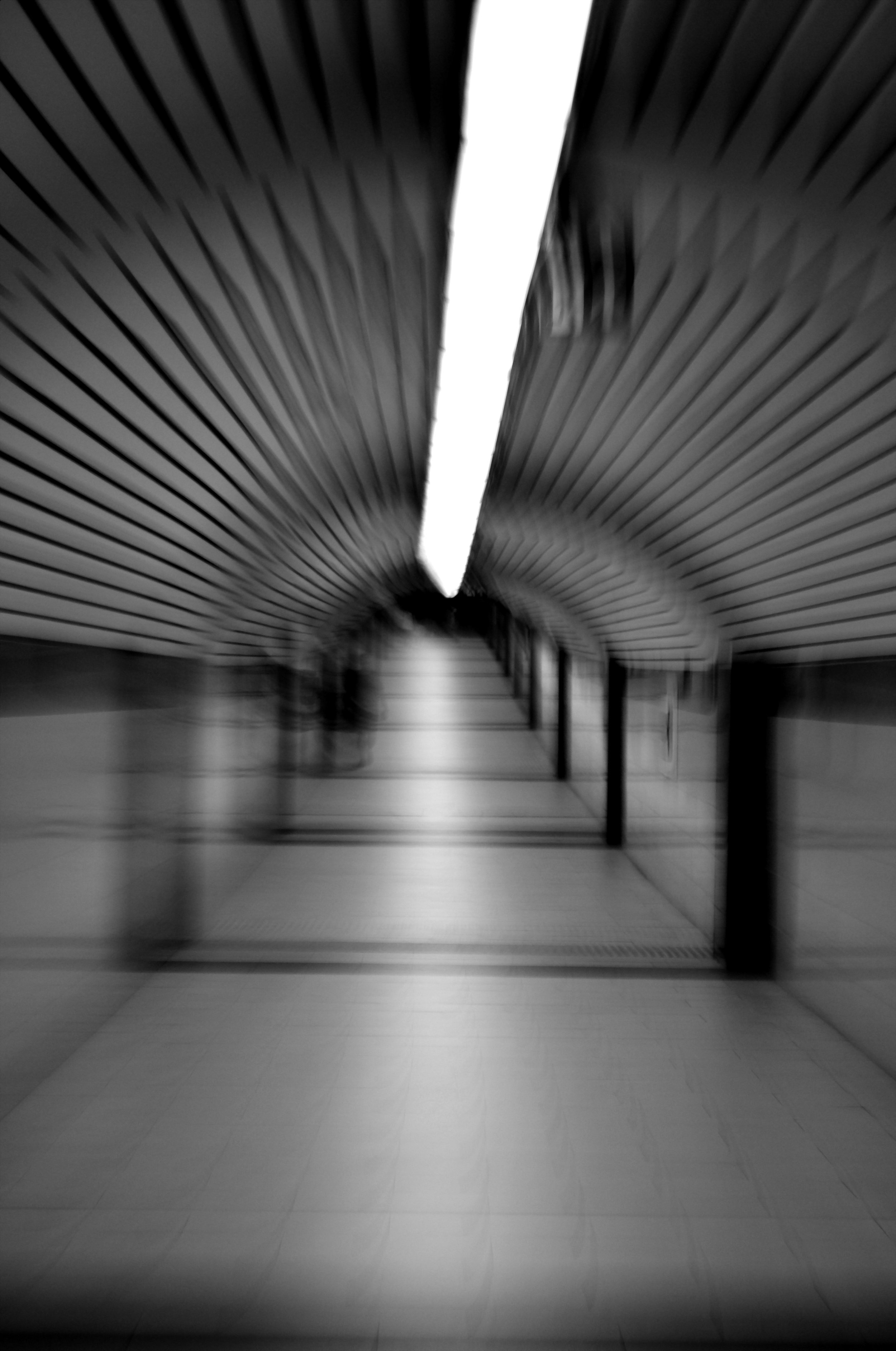 A black and white photo of a tunnel in the metro of Sofia, Bulgaria.