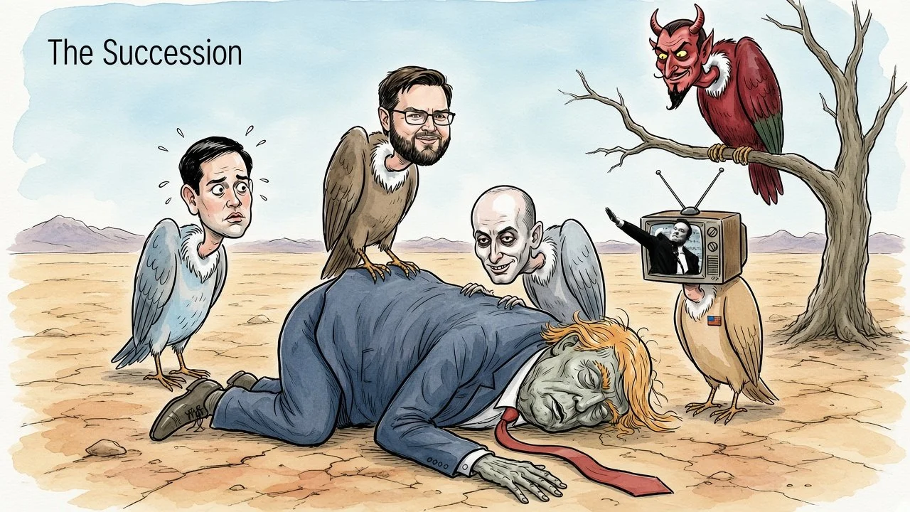 Trump's corps lie dead, while his vultures friends happily gather around him to feast. The devil did it's masterpiece.
