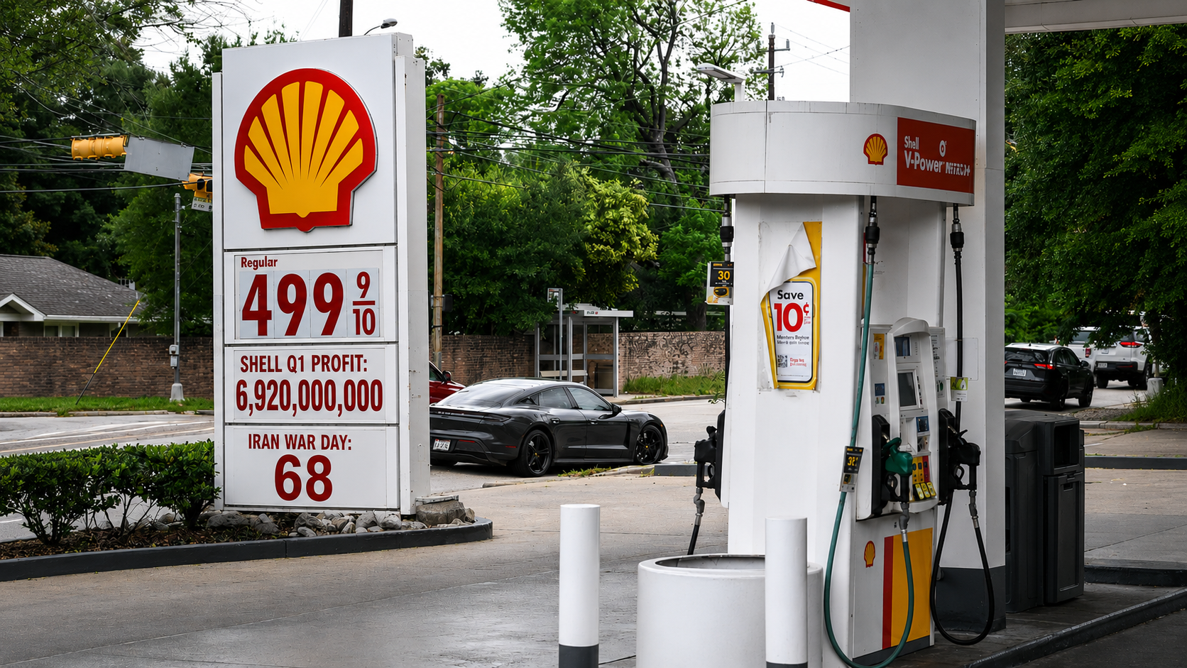 Shell gas station price sign showing $4.99⁹⁄₁₀ with Q1 profit $6.92 billion and 'Iran War Day 68' - satirical meme.