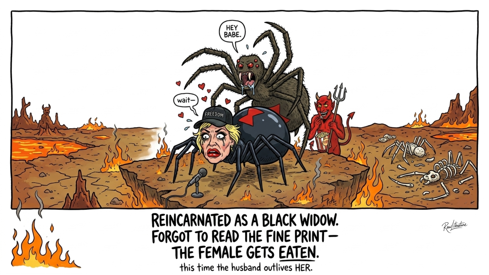 Satirical cartoon about a woman reincarnated as a spider in a fiery landscape, featuring the caption, "Reincarnated as a black widow..."
