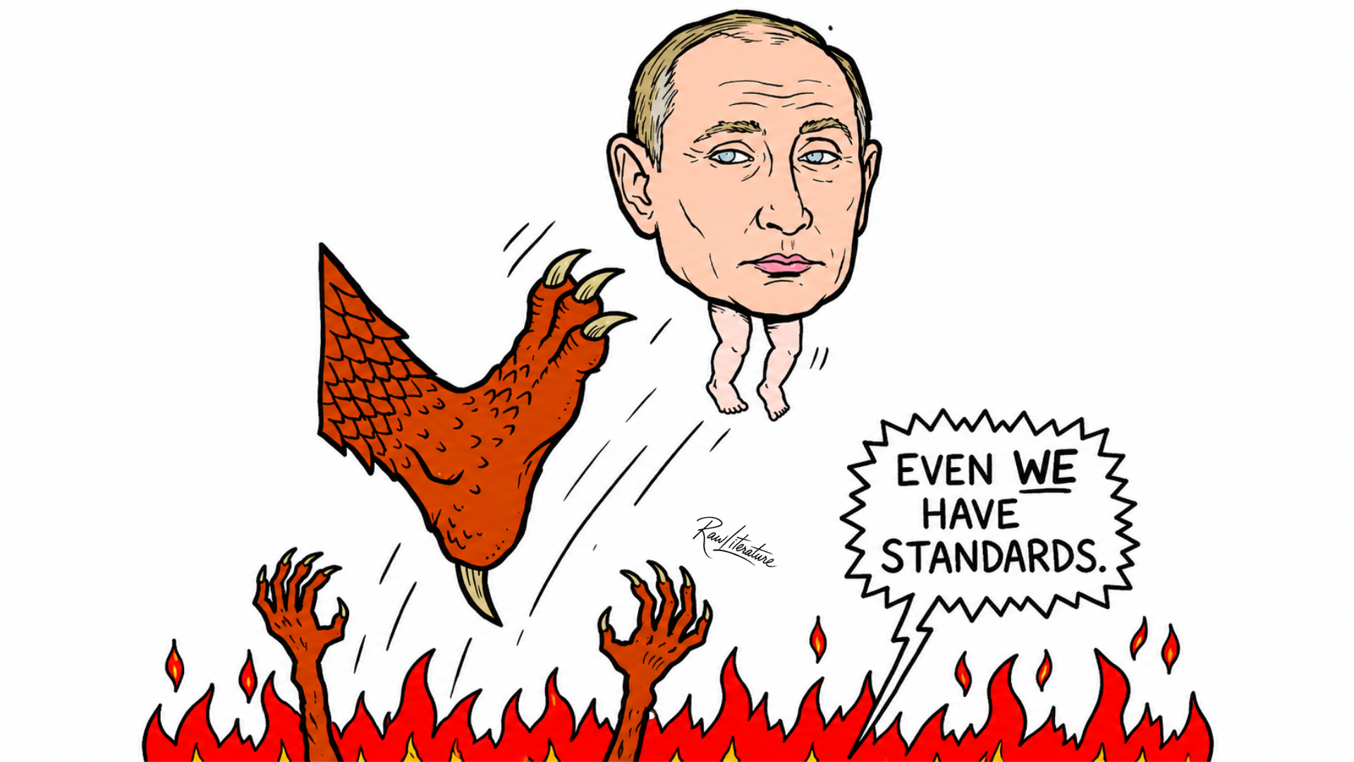 Satirical cartoon of Vladimir Putin rejected by hell, symbolizing criticism of Russia's tightly controlled 2026 parliamentary elections and authoritarian rule.